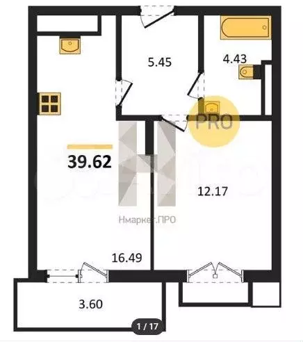 1-к. квартира, 39,9 м, 7/7 эт. - Фото 1