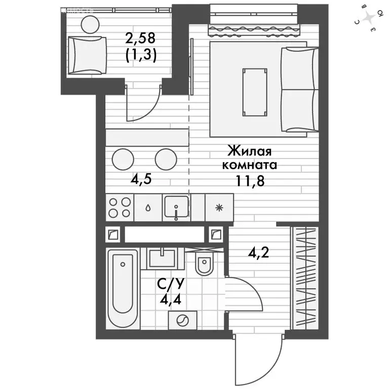 1-комнатная квартира: посёлок октябрьский, жк форест (26.2 м) - Фото 0