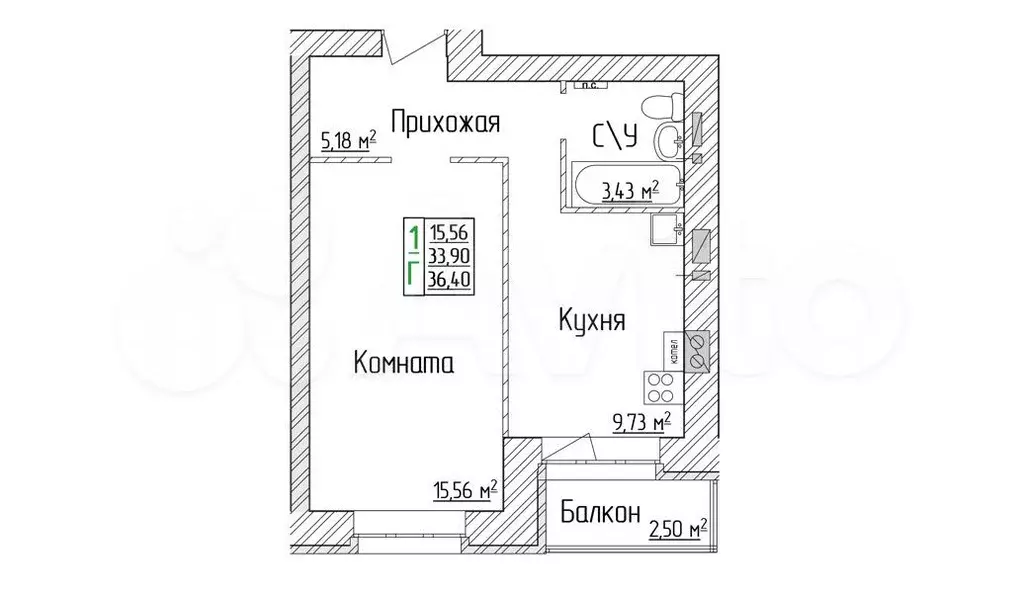 1-к. квартира, 36,4 м, 6/6 эт. - Фото 0