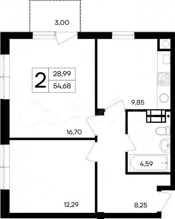 2-к. квартира, 54,7 м, 3/4 эт. - Фото 1