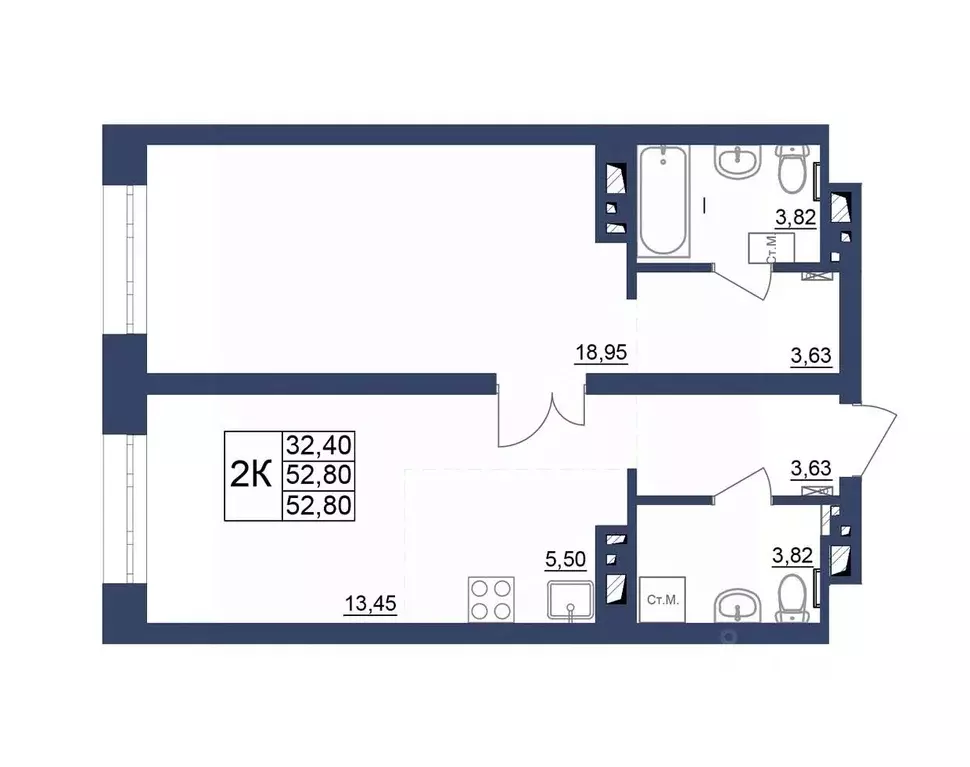2-к кв. Башкортостан, Уфа Космос жилой комплекс, лит1 (52.8 м) - Фото 1
