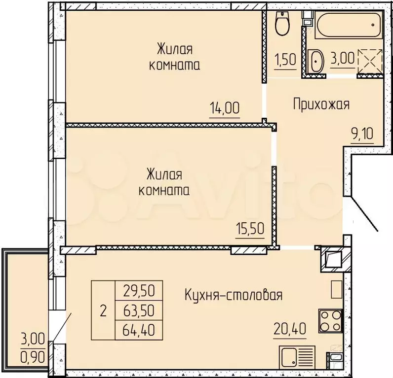 2-к. квартира, 64 м, 3/4 эт. - Фото 1