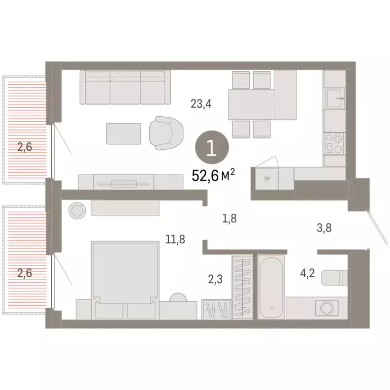1-комнатная квартира: Тюмень, Мысовская улица, 26к2 (52.62 м) - Фото 1