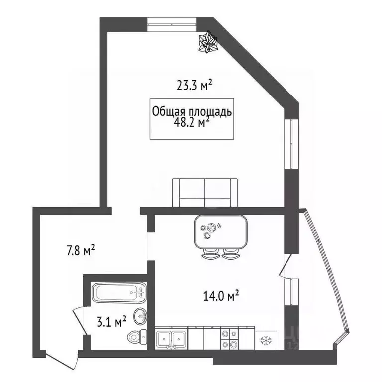 1-к кв. Новосибирская область, Новосибирск Вилюйская ул., 7 (48.2 м) - Фото 2