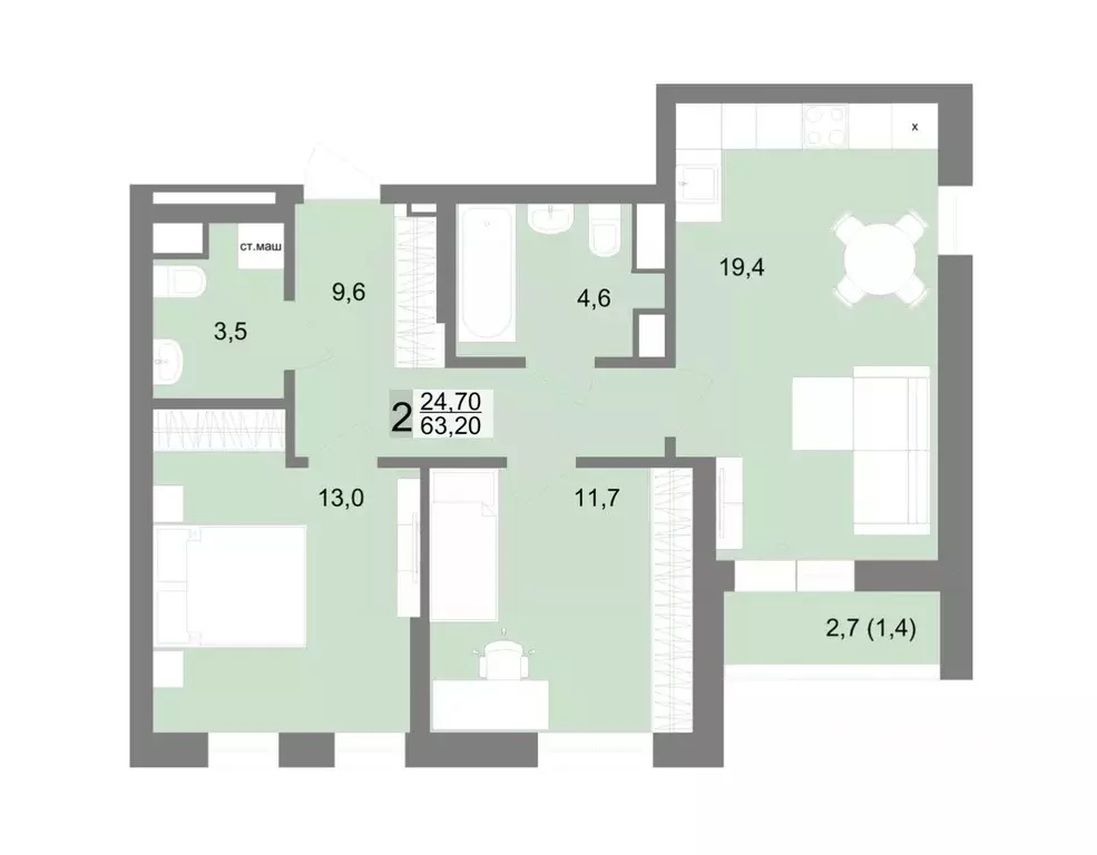 2-к кв. Свердловская область, Екатеринбург ул. Семена Лагоды, 80 (63.2 ... - Фото 1