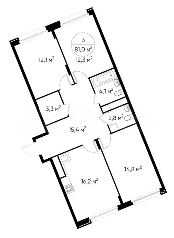 3-к. квартира, 81 м, 8/17 эт. - Фото 0