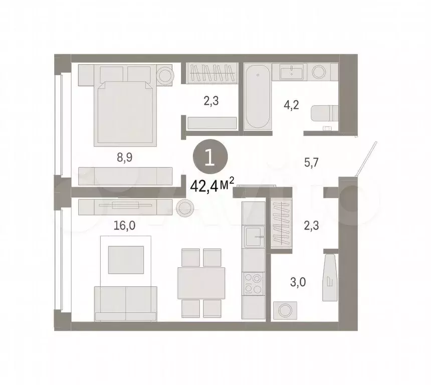 1-к. квартира, 42,4 м, 2/9 эт. - Фото 0