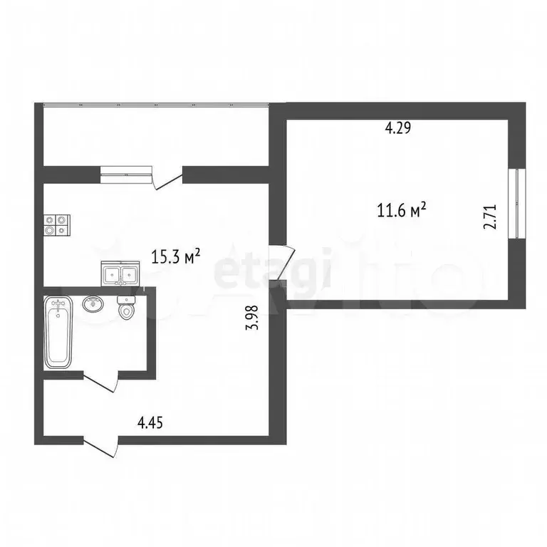 2-к. квартира, 29,3 м, 2/5 эт. - Фото 0