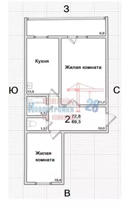 2-к. квартира, 72,8 м, 8/15 эт. - Фото 0