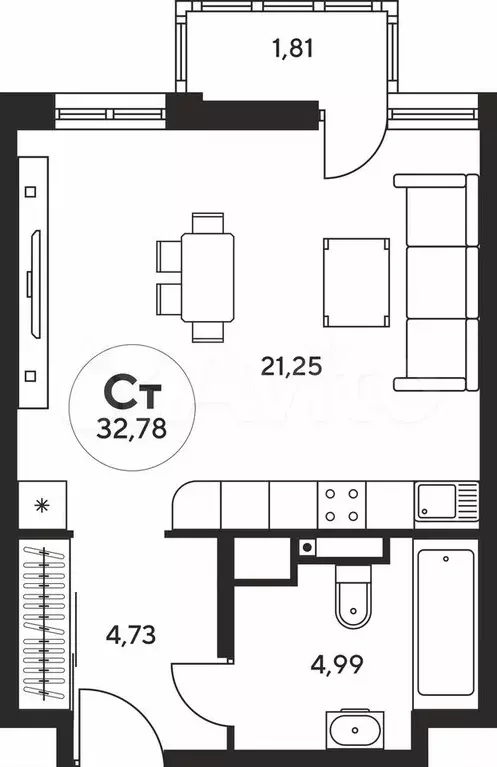 Квартира-студия, 32,8 м, 16/25 эт. - Фото 1