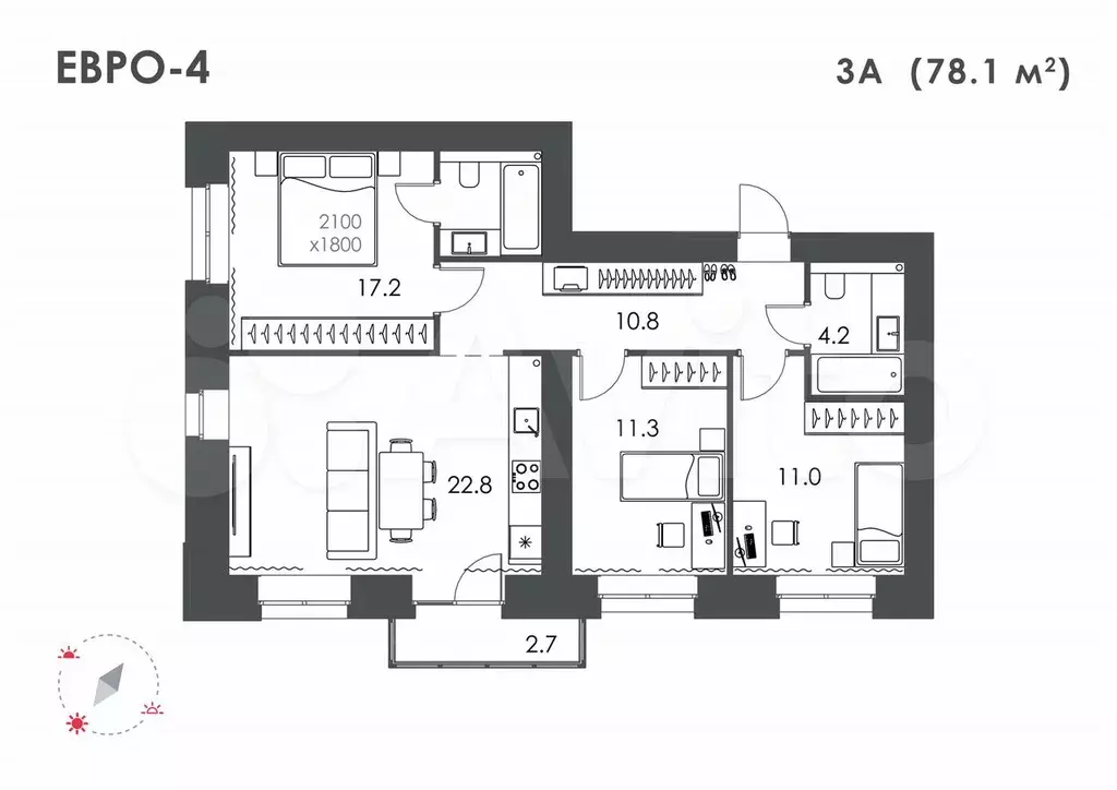 3-к. квартира, 78,1 м, 5/16 эт. - Фото 0