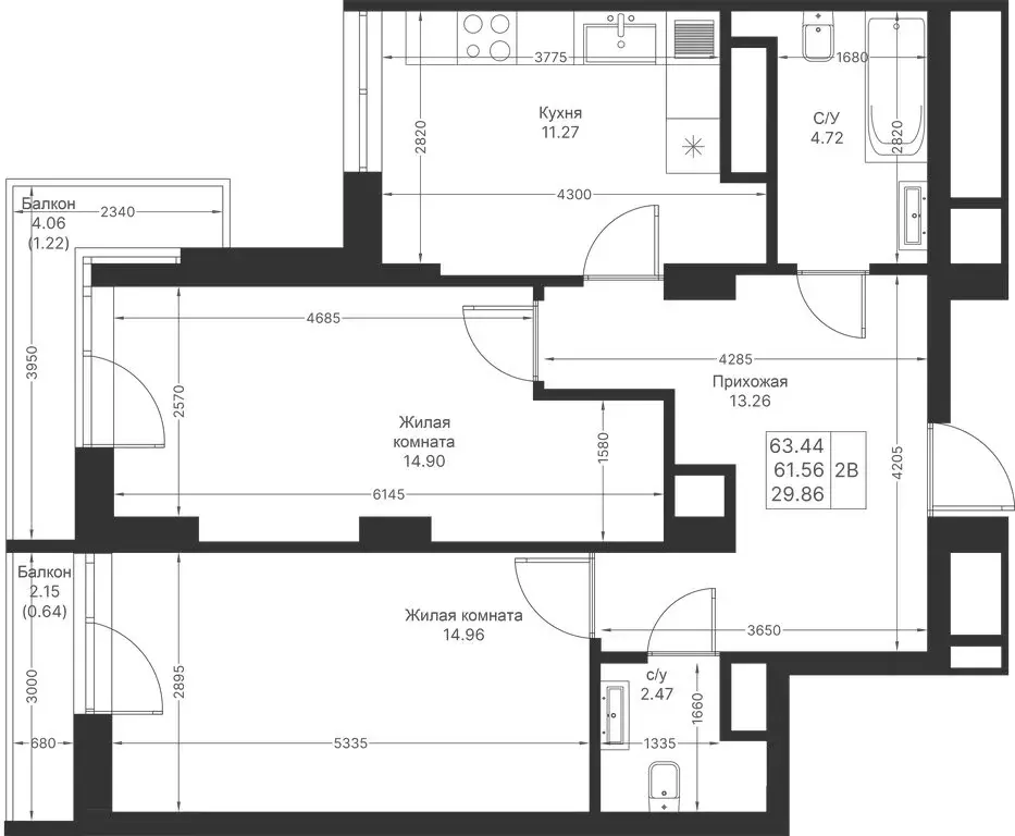 2-комнатная квартира: Казань, ЖК Мой Ритм, ПК14 (63.44 м) - Фото 1