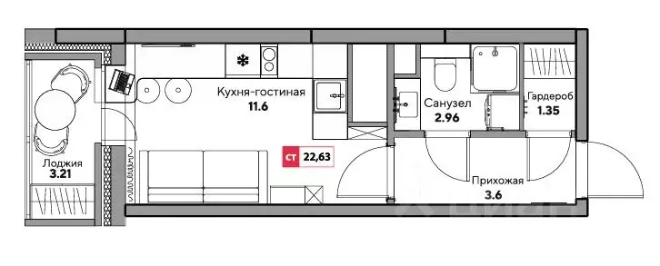 Студия Тверская область, Тверь Оснабрюкская ул., 16к1 (23.0 м) - Фото 2