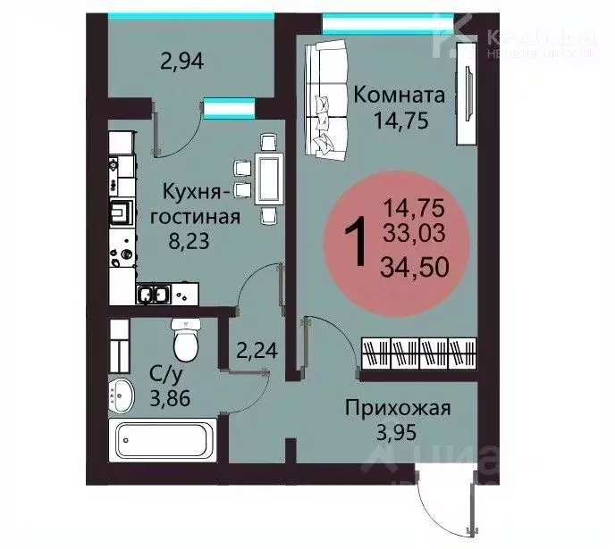 1-к кв. Воронежская область, с. Новая Усмань, Южный мкр  (34.5 м) - Фото 0