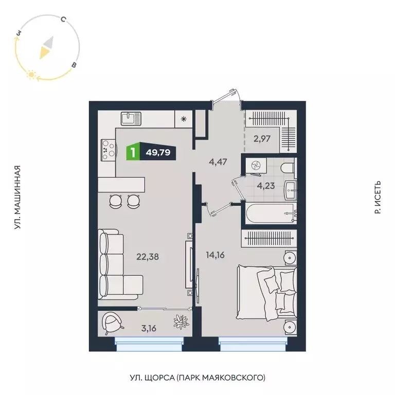 1-комнатная квартира: Екатеринбург, Машинная улица, 1В/4 (49.79 м) - Фото 1