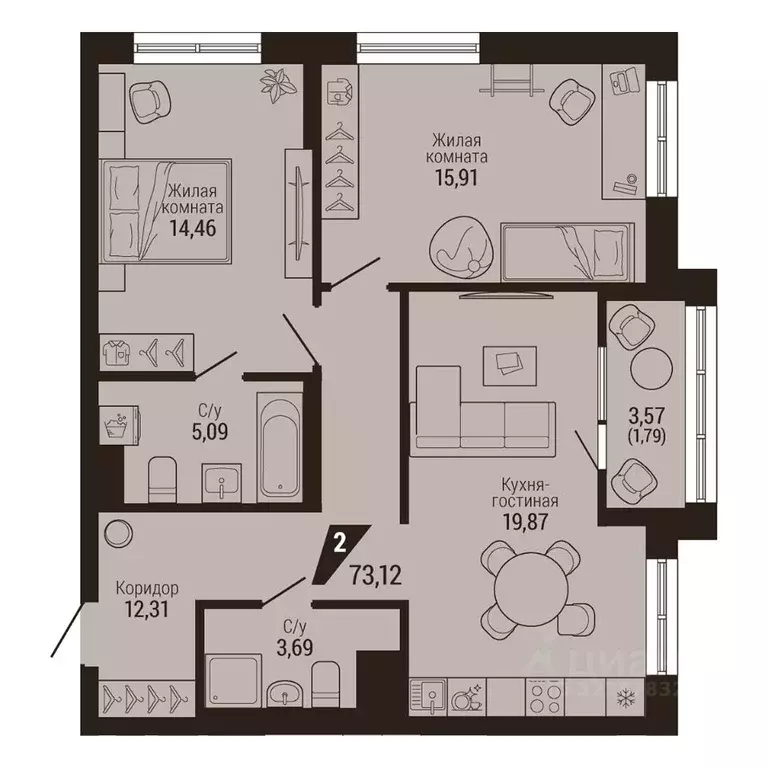 2-к кв. Свердловская область, Екатеринбург Центральный жилрайон, Дом 7 ... - Фото 2