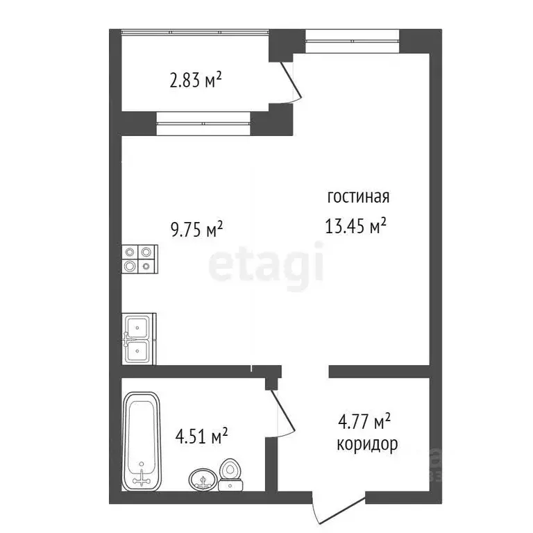 Студия Тюменская область, Тюмень ул. Василия Севергина, 2 (32.4 м) - Фото 1