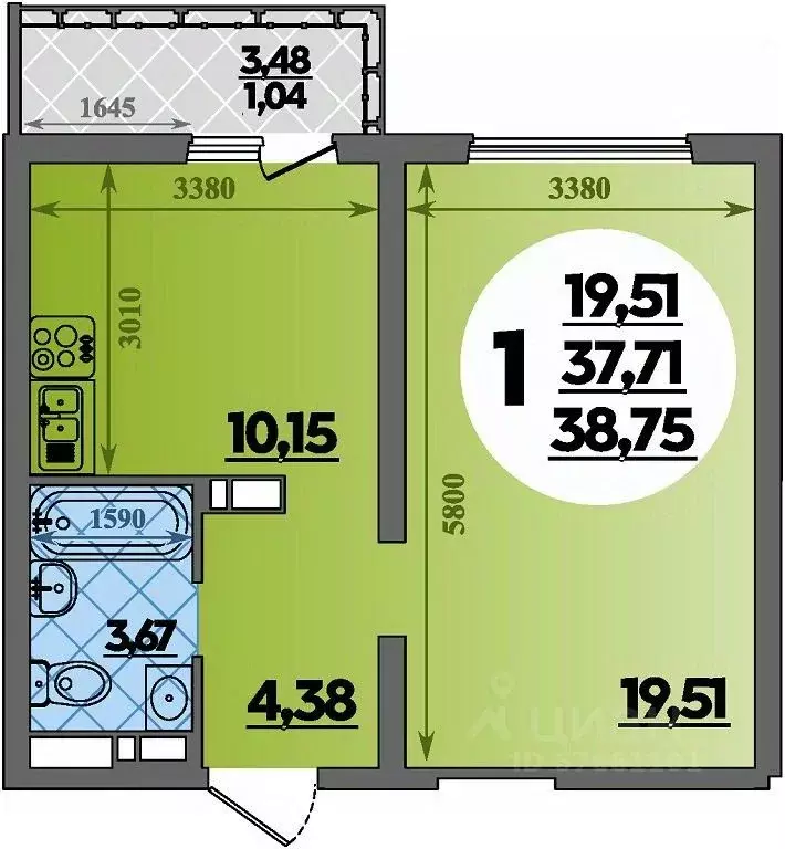 1-к кв. Адыгея, Майкоп  (38.75 м) - Фото 1