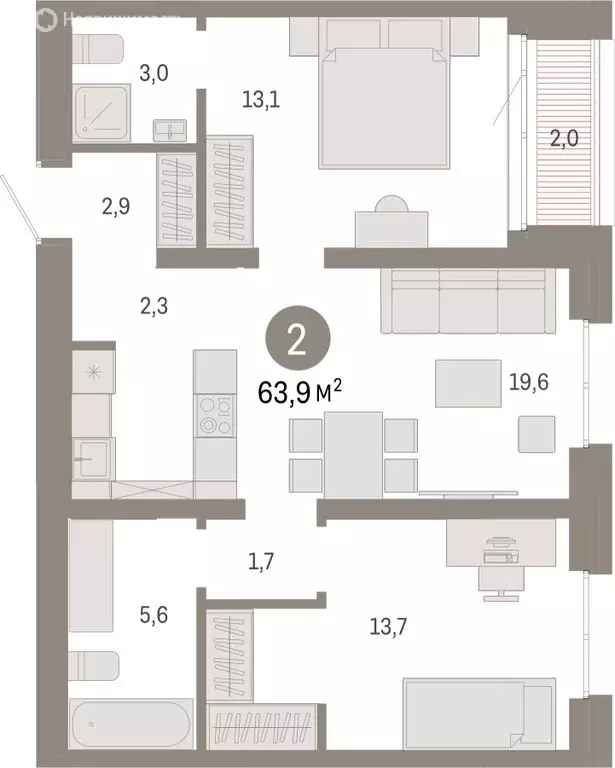 2-комнатная квартира: Екатеринбург, улица Советских Женщин (63.8 м) - Фото 0