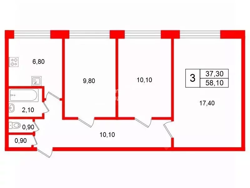 3-к кв. Санкт-Петербург Ленская ул., 6к3Б (58.1 м) - Фото 2