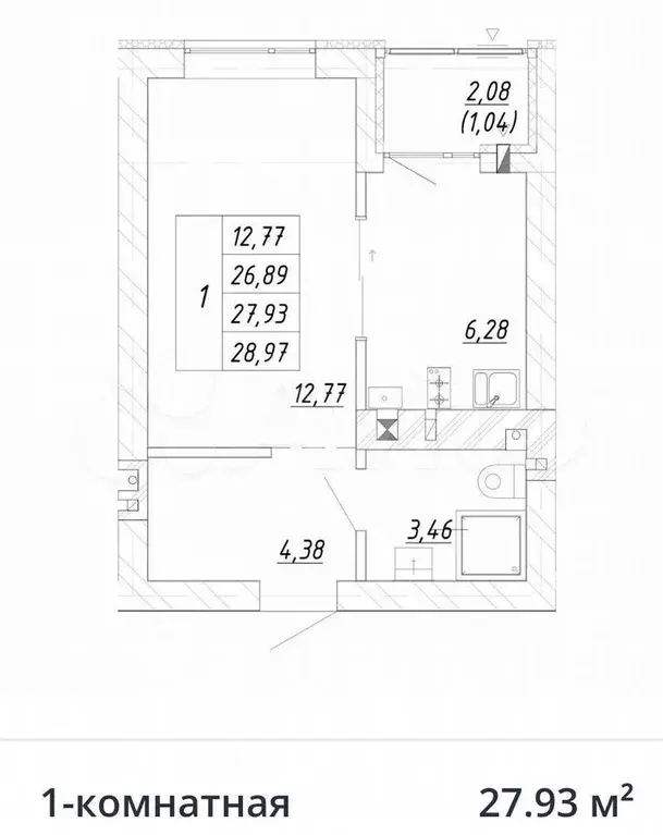 1-к. квартира, 27,9 м, 3/4 эт. - Фото 1