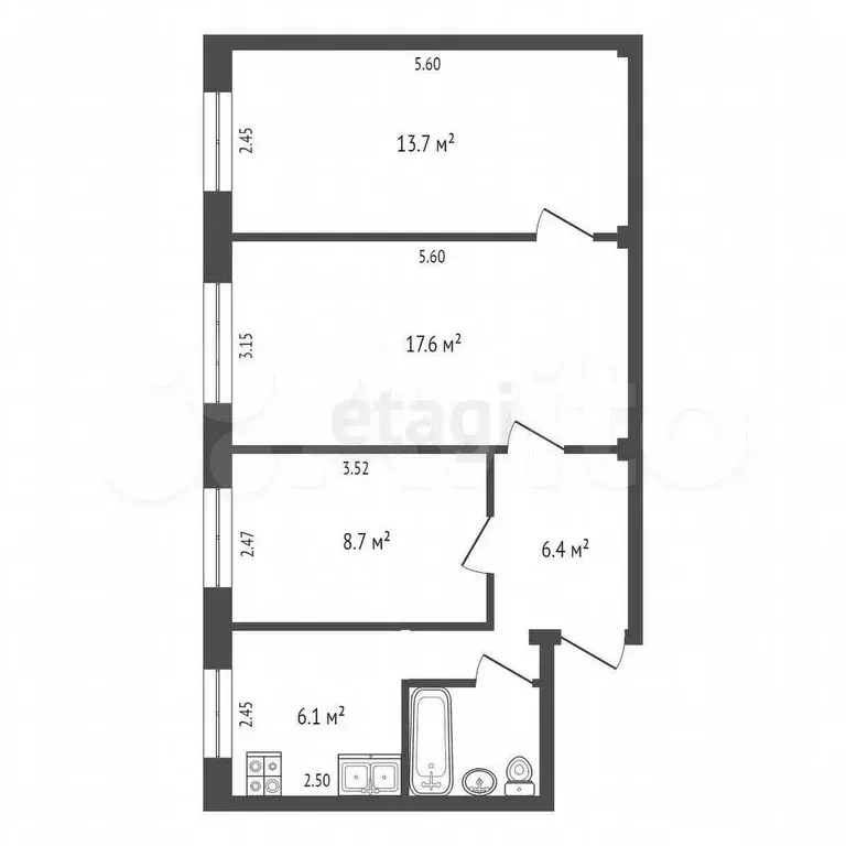 3-к. квартира, 55,5 м, 1/5 эт. - Фото 0