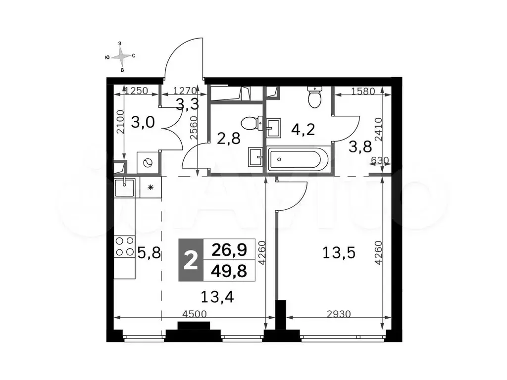 2-к. квартира, 49,8м, 12/42эт. - Фото 0