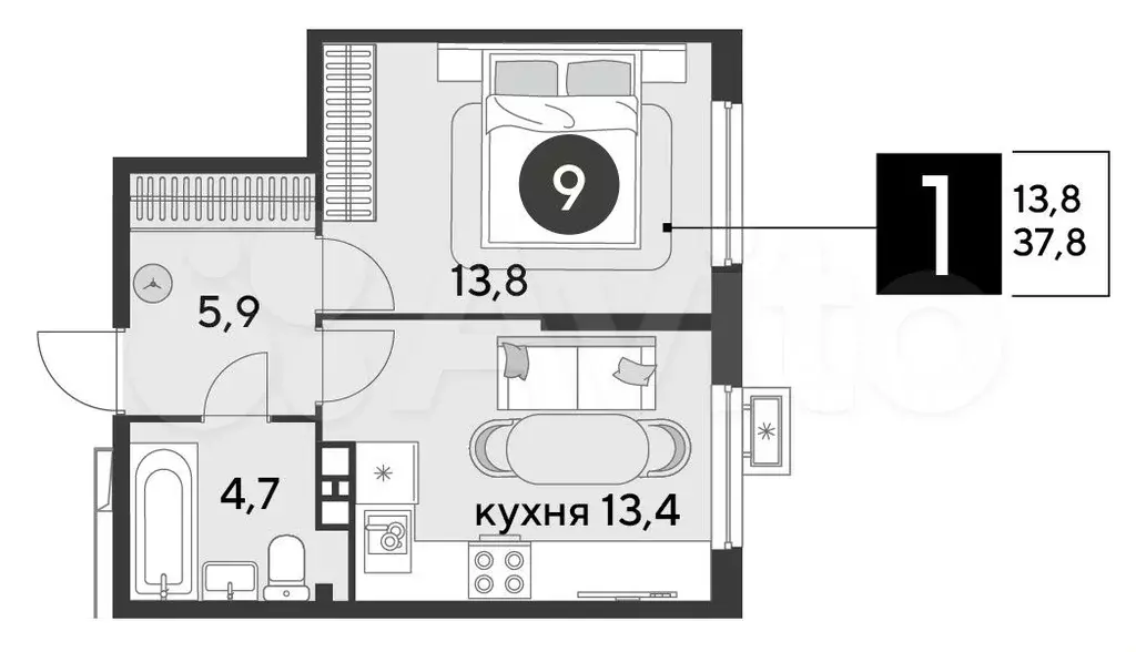 1-к. квартира, 37,8 м, 2/18 эт. - Фото 0