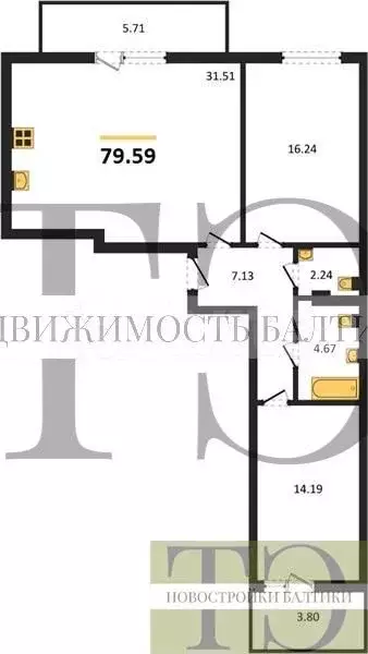 2-к. квартира, 79,6 м, 3/10 эт. - Фото 0