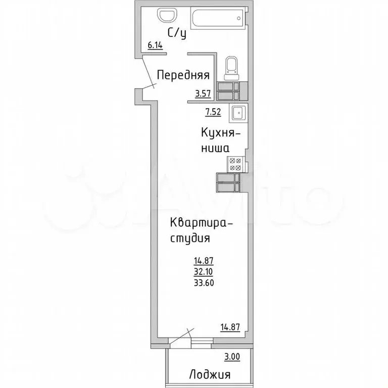 Квартира-студия, 33,6м, 13/16эт. - Фото 0