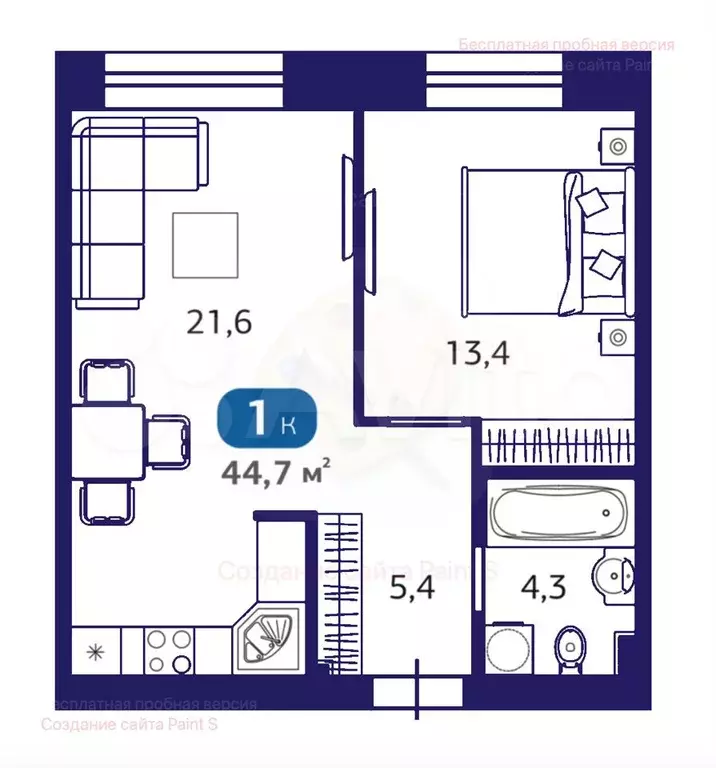 1-к. квартира, 44,7 м, 1/7 эт. - Фото 1