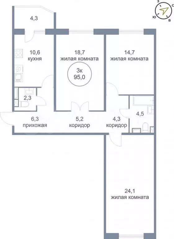 3-к. квартира, 95 м, 15/21 эт. - Фото 0