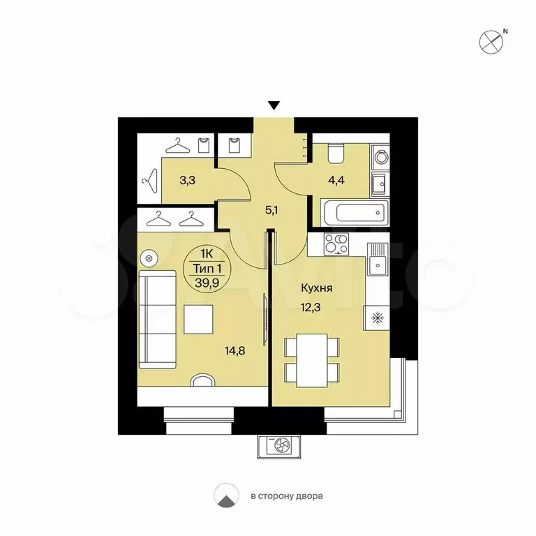 1-к. квартира, 39,9 м, 1/9 эт. - Фото 0