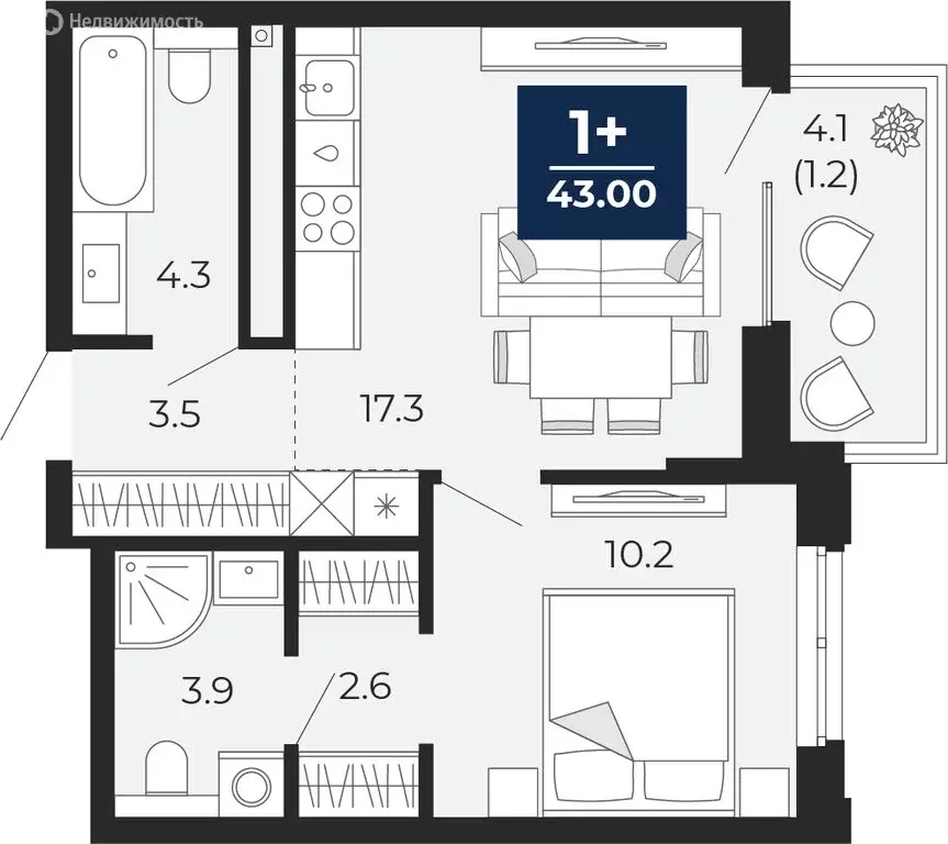 1-комнатная квартира: Тюмень, улица Тимофея Чаркова, 77 (45.9 м) - Фото 1