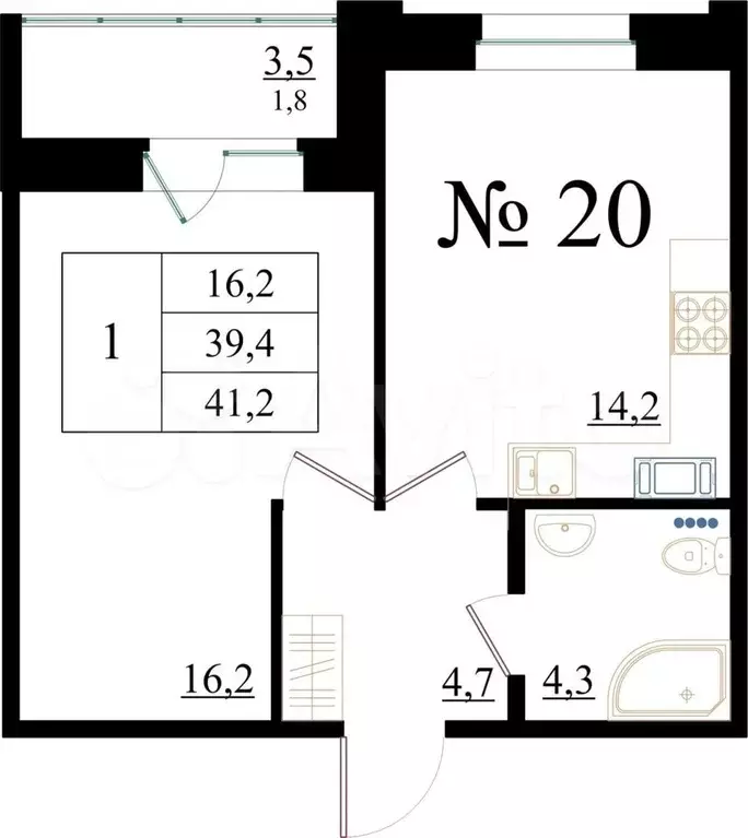 1-к. квартира, 41,2 м, 3/8 эт. - Фото 0