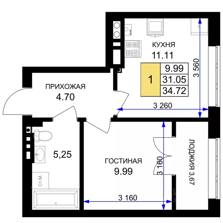 1-к кв. Калининградская область, Гурьевск Включи жилой комплекс (34.72 ... - Фото 0