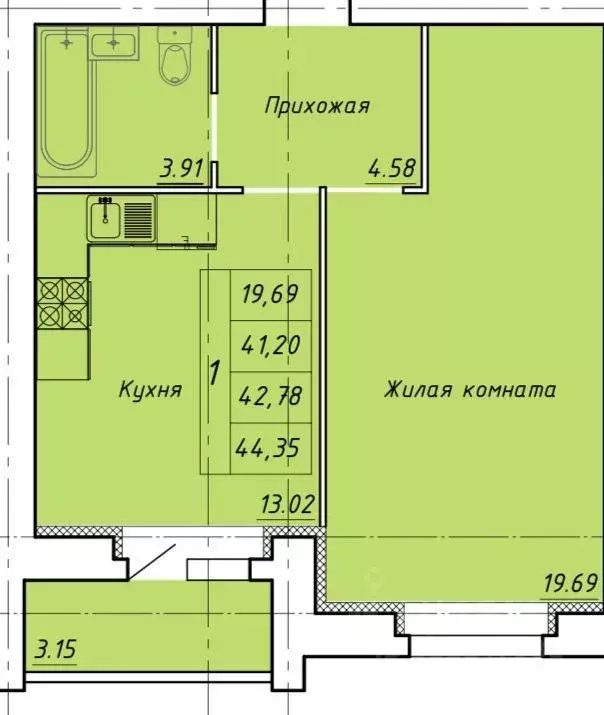1-к кв. Тамбовская область, Тамбов ул. Гастелло, 109Б (44.35 м) - Фото 1