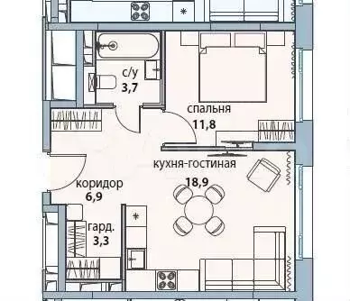 1-к. квартира, 46 м, 9/10 эт. - Фото 1