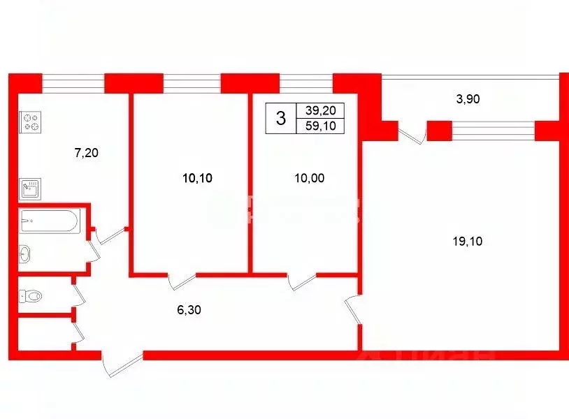 3-к кв. Санкт-Петербург ул. Здоровцева, 33К1 (59.1 м) - Фото 2