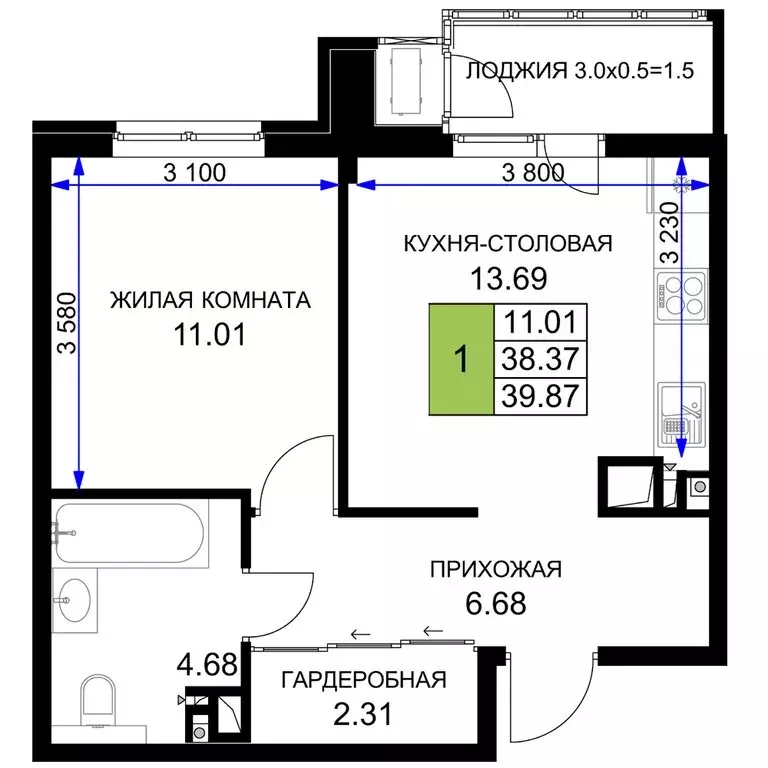 1-комнатная квартира: Краснодар (39.87 м) - Фото 0