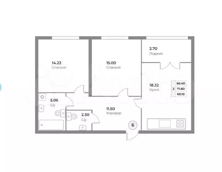 2-к. квартира, 69 м, 2/4 эт. - Фото 1