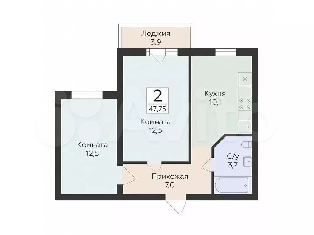 2-к. квартира, 47,8 м, 6/16 эт. - Фото 0