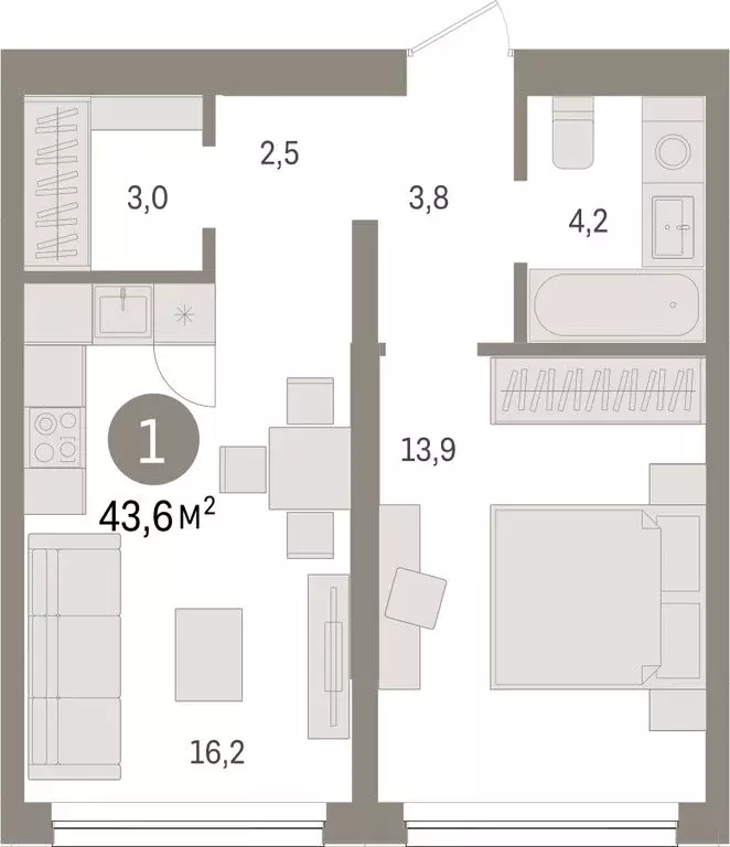 1-комнатная квартира: Тюмень, Мысовская улица, 26к1 (43.61 м) - Фото 1