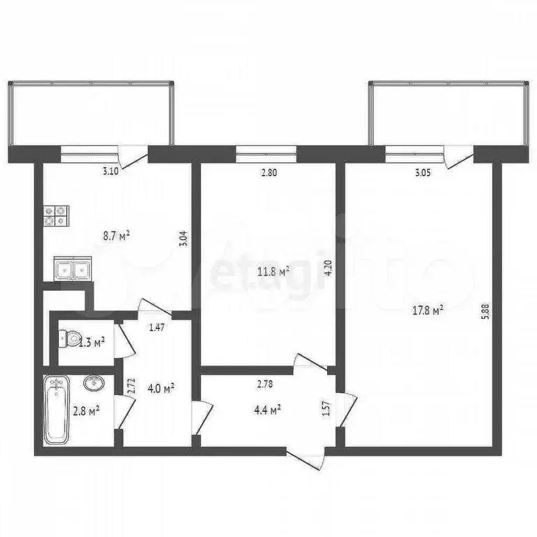2-к. квартира, 50,8 м, 5/5 эт. - Фото 0