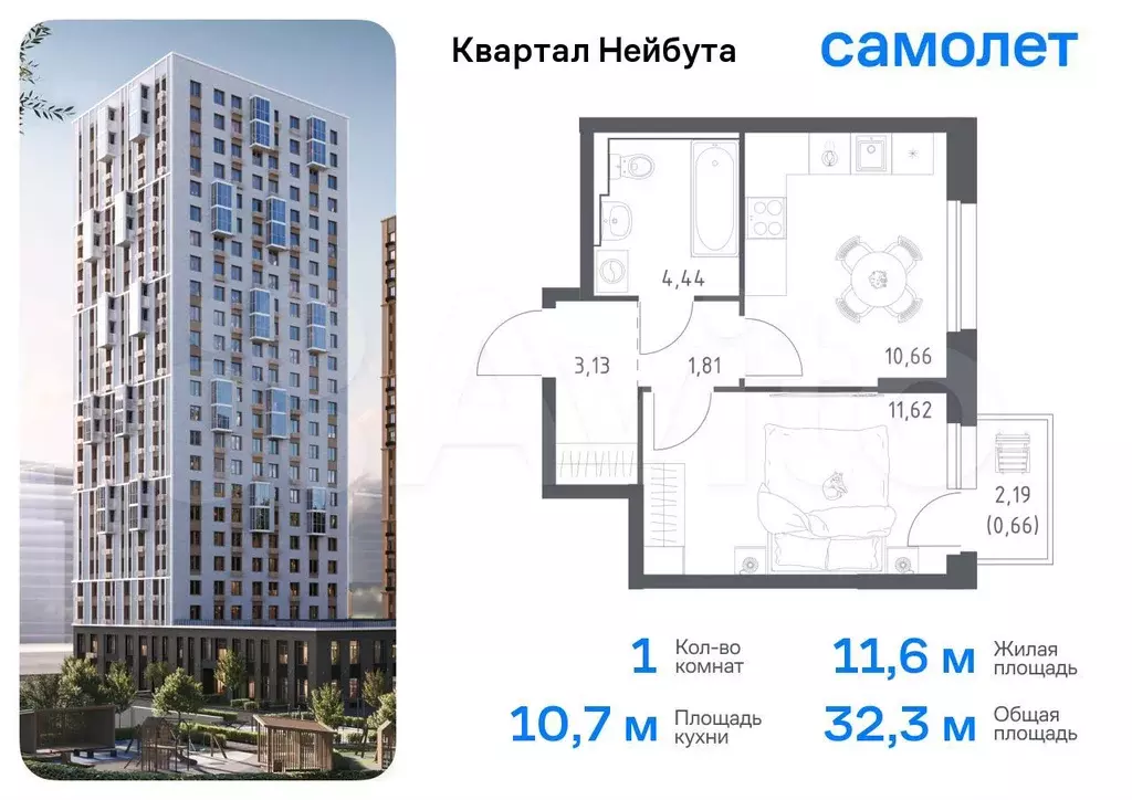 1-к. квартира, 32,3 м, 8/30 эт. - Фото 0