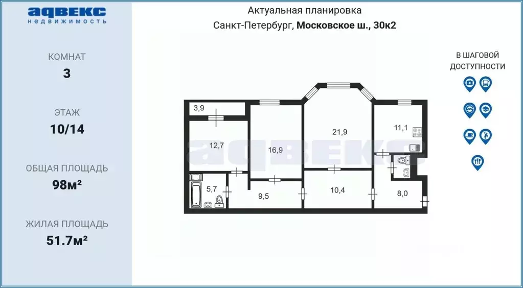 3-к кв. Санкт-Петербург Московское ш., 30к2 (98.0 м) - Фото 2