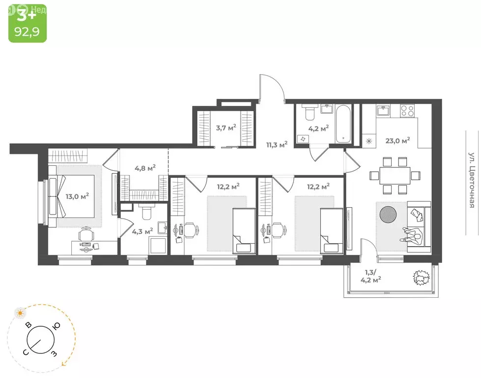 3-комнатная квартира: Тверь, микрорайон Соминка (90 м) - Фото 0