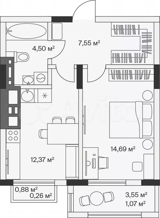 1-к. квартира, 40,4 м, 7/7 эт. - Фото 0