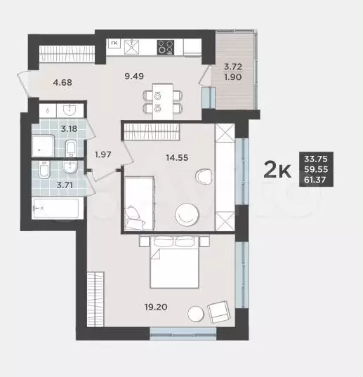 2-к. квартира, 59,6 м, 1/9 эт. - Фото 1
