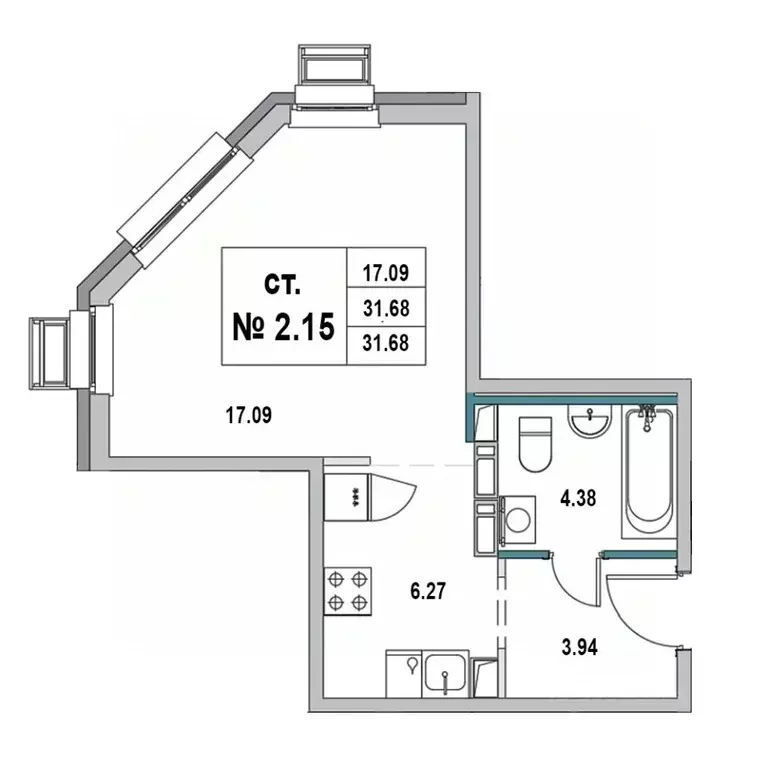 Студия Ленинградская область, Выборг ул. 2-я Южная, 4 (31.68 м) - Фото 1